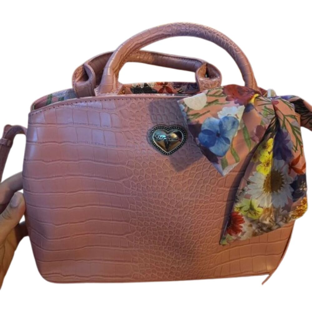 Betsey Johnson Pink Crocodile Embossed Floral Satchel Handbag